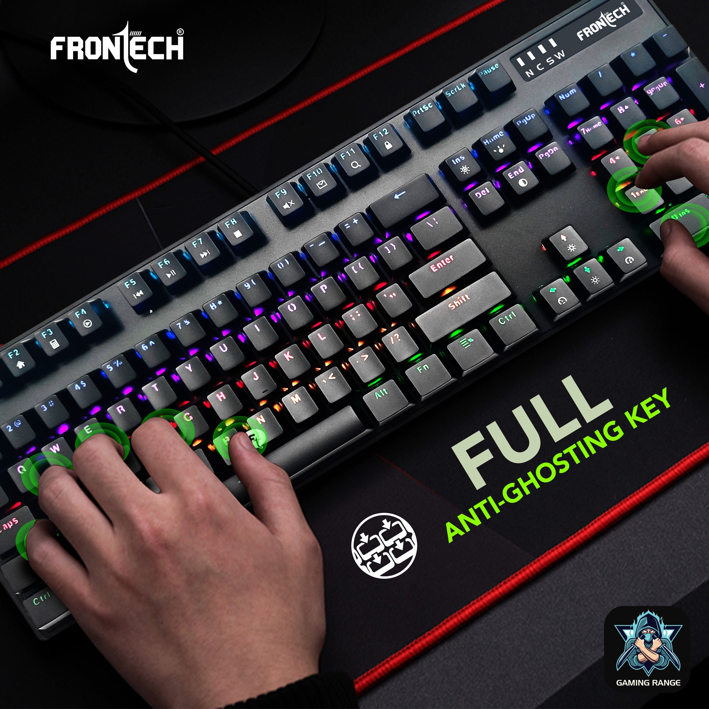 Frontech Wired Mechanical Gaming Keyboard | 104 Keys | Rainbow Backlit | Anti-Ghosting | Ergonomic Design | 12 Multimedia Hotkeys | Height Adjustable | 1-Year Warranty (KB-0014P) Frontech Wired Mechanical Gaming Keyboard | 104 Keys | Rainbow Backlit | Anti-Ghosting | Ergonomic Design | 12 Multimedia Hotkeys | Height Adjustable | 1-Year Warranty (KB-0014P)